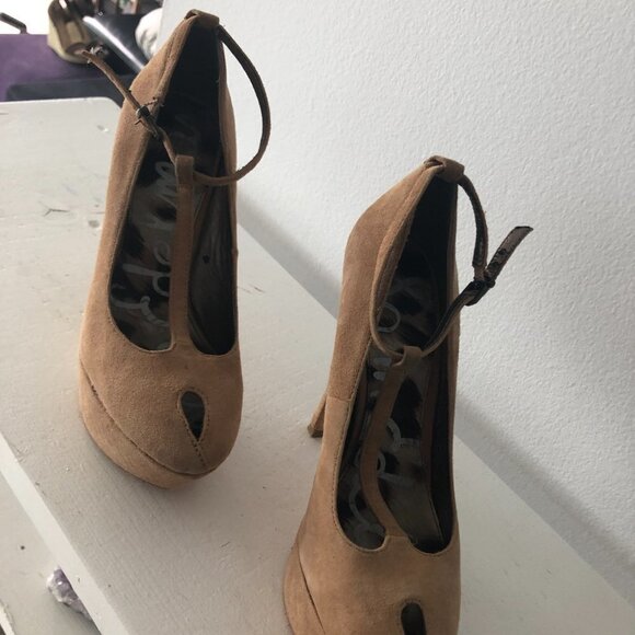 Sam Edelman Black T-strap Platform Leather Stiletto Heel  Pumps 5.5 Nivan beige - Picture 3 of 7